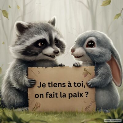 Deux animaux mignons, un raton laveur et un lapin, se tiennent devant un panneau avec le message Je tiens à toi, on fait la paix ?