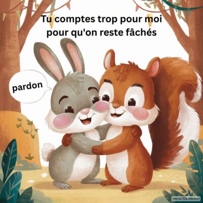 Carte virtuelle d'amitié avec un lapin et un écureuil se serrant dans les bras, exprimant des excuses et la réconciliation.