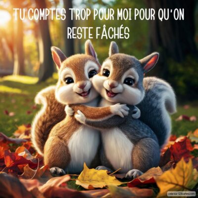 Image d'écureuils mignons s'enlaçant sur un tapis de feuilles, avec le texte « Tu comptes trop pour moi pour qu'on reste fâchés ».