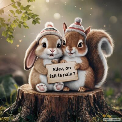 Deux animaux mignons, un lapin et un écureuil, portent des bonnets et tiennent une pancarte avec le message : « Allez, on fait la paix ? ».