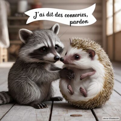 Carte virtuelle d’amitié montrant un raton laveur et un hérisson se reconciliant, avec le texte « J’ai dit des conneries, pardon ».