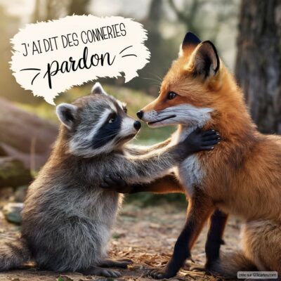 Image d'une carte virtuelle d'amitié montrant un raton laveur et un renard se réconciliant, avec le texte « J'ai dit des conneries, pardon ».