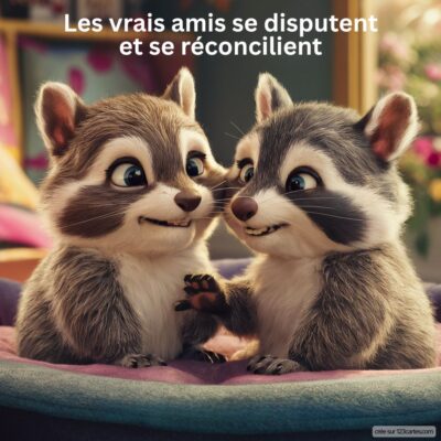 Deux ratons laveurs mignons se regardent avec amitié, illustrant le message : Les vrais amis se disputent et se réconcilient.