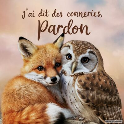 Illustration d'un renard et d'une chouette se rapprochant, avec le texte J'ai dit des conneries, Pardon en arrière-plan.