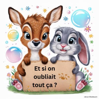 Deux animaux mignons, un faon et un lapin, tiennent une pancarte avec le message : Et si on oubliait tout ça ? entourés de bulles.