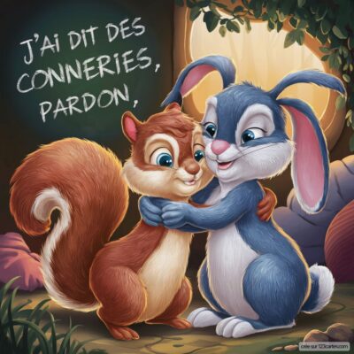 Carte virtuelle illustrant un lapin et un écureuil se réconciliant avec tendresse, accompagnée d'un message d'excuses.