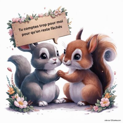 Image de deux écureuils mignons, l'un gris et l'autre roux, tenant une pancarte avec un message de réconciliation : Tu comptes trop pour moi pour qu'on reste fâchés.