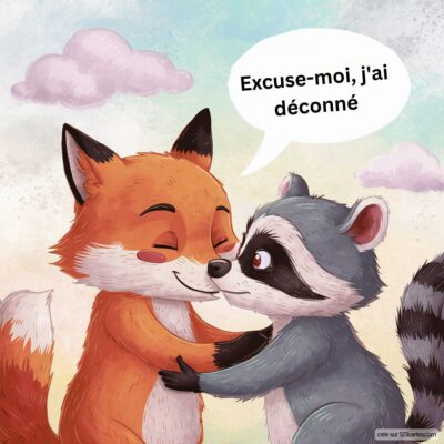 Image d'un renard orange et d'un raton laveur gris s'enlaçant, avec un dialogue évoquant des excuses amicales.