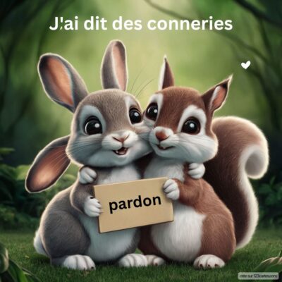 Deux animaux anthropomorphes, un lapin et un écureuil, se serrent dans les bras avec une pancarte pardon entre eux.