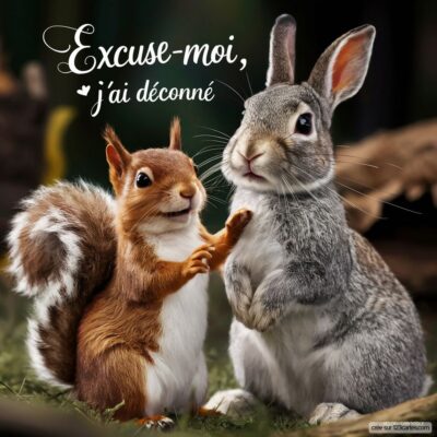 Carte virtuelle d'amitié montrant un écureuil et un lapin se réconciliant, avec le texte Excuse-moi, j'ai déconné.