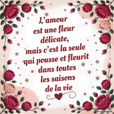 Citation sur l'amour entourée de roses et de motifs élégants : L’amour est une fleur délicate, mais c’est la seule qui fleurit dans toutes les saisons de la vie.