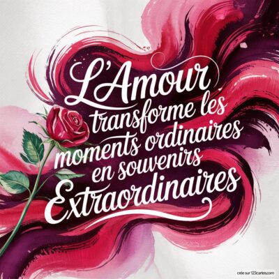 Citation sur un fond abstrait avec une rose rouge : L'Amour transforme les moments ordinaires en souvenirs extraordinaires.