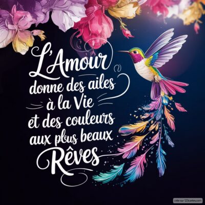 Carte virtuelle avec un colibri vibrant et des fleurs en arrière-plan, accompagnée de la citation sur l'amour, la vie et les rêves.
