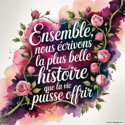 Citation sur un fond floral avec des roses : Ensemble, nous écrivons la plus belle histoire que la vie puisse offrir.