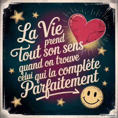 Citation inspirante sur la vie et l'amour, avec un cœur rouge, un sourire joyeux et des étoiles en arrière-plan.