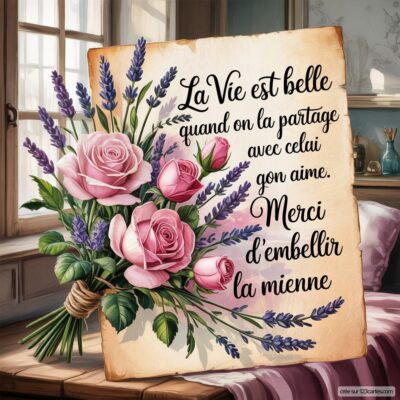Bouquet de roses et de lavande avec une citation sur la vie et l'amour, sur fond de décor intérieur chaleureux