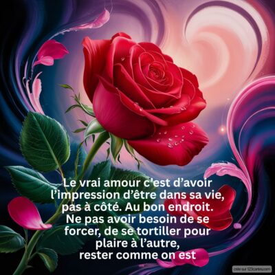 Roses roses avec des feuilles vertes, entourées de motifs doux. Citation sur l'amour authentique et l'acceptation de soi.