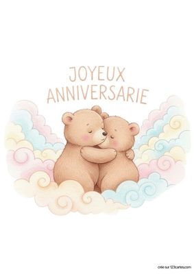 Illustration de deux ours bruns s’embrassant, entourés de nuages pastel. Au-dessus, le texte « JOYEUX ANNIVERSAIRE » en lettres marron clair. Fond blanc. Style dessin animé.