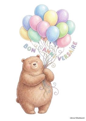 Illustration d’un ours brun tenant un bouquet de ballons multicolores. Au-dessus, l’inscription « BON ANNIVERSAIRE » en lettres pastel. Fond blanc. Style crayon de couleur.
