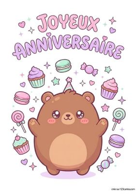Illustration d'un ours brun avec un chapeau de fête, entouré de pâtisseries et d'étoiles. Le texte « JOYEUX ANNIVERSAIRE » est en haut, en rose et violet. Style kawaii.