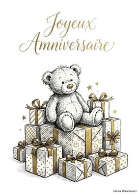 Carte de vœux « Joyeux Anniversaire ». Ours en peluche blanc assis sur des cadeaux blancs et dorés. Étoiles dorées. Texte doré manuscrit sur fond blanc. Style dessin.
