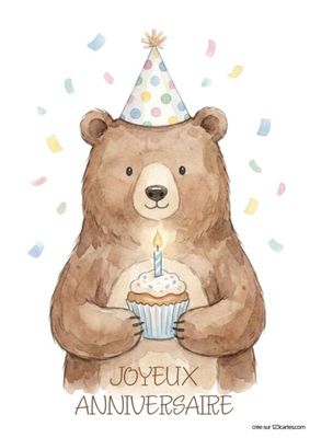 Illustration d'un ours brun portant un chapeau de fête et un cupcake avec une bougie allumée. Confettis multicolores. Texte « JOYEUX ANNIVERSAIRE » en dessous. Style aquarelle.