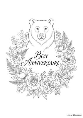Dessin en noir et blanc d’un ours entouré d’une couronne florale. Le texte « Bon Anniversaire » est inscrit en lettres cursives. Style graphique simple et épuré. Fond blanc.