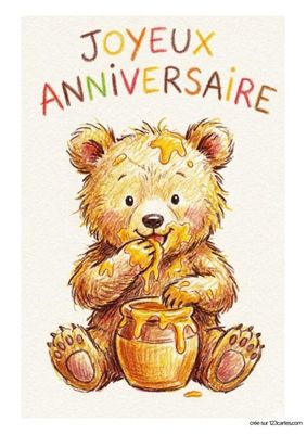 Carte de vœux avec un ours brun mangeant du miel. Texte « JOYEUX ANNIVERSAIRE » en lettres multicolores. L'ours est assis, du miel coule sur lui et sur un pot. Style crayonné.