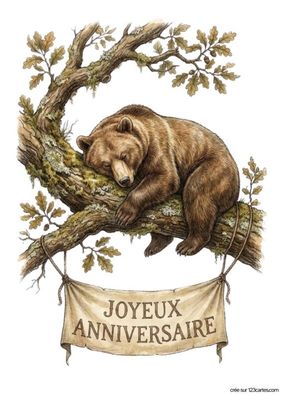Illustration d’un ours brun dormant sur une branche d’arbre. Branches et feuilles brunes. Une bannière avec « JOYEUX ANNIVERSAIRE » est suspendue en dessous. Style aquarelle. Fond blanc.