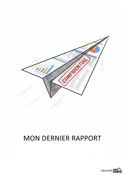 Un avion en papier blanc avec des graphiques et un tampon « CONFIDENTIAL » rouge. Des traits gris suggèrent le mouvement. En dessous, texte noir « MON DERNIER RAPPORT ». Fond blanc.