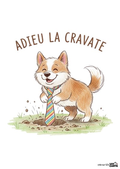 Illustration d’un chien corgi souriant, tenant une cravate rayée multicolore, devant un trou. Texte marron en haut « Adieu la cravate ». Herbe verte, style crayonné.