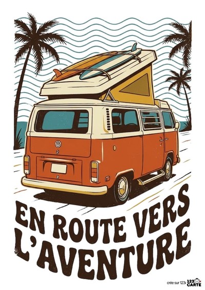 Illustration d'un combi Volkswagen orange et blanc, surmonté de planches de surf. Deux palmiers encadrent le véhicule. Fond bleu clair avec des vagues. Texte « EN ROUTE VERS L’AVENTURE » en bas.
