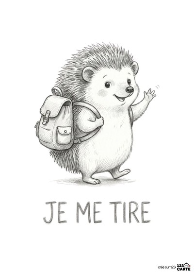 Dessin en noir et blanc d’un hérisson souriant, portant un sac à dos et saluant de la main. Texte en dessous : « JE ME TIRE ». Style crayonné. Fond blanc.