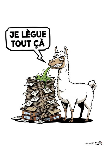 Image de style cartoon. Un lama blanc vomit du vert sur une pile de papiers. Il dit « JE LÈGUE TOUT ÇA » dans une bulle noire. En bas, des dossiers.
