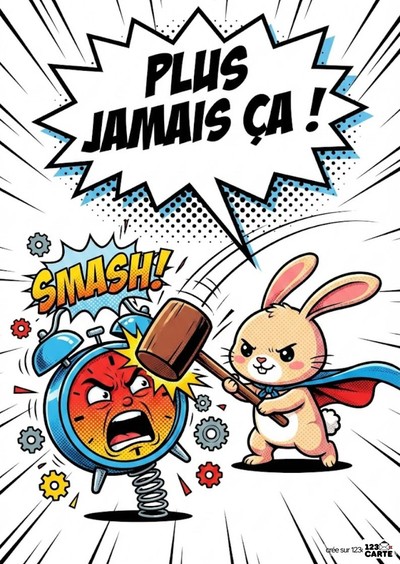 Image de style BD. Un lapin super-héros frappe un réveil furieux avec un maillet. Bulle « PLUS JAMAIS ÇA ! ». Mot « SMASH ! ». Fond blanc avec traits noirs. Palette de couleurs vives.