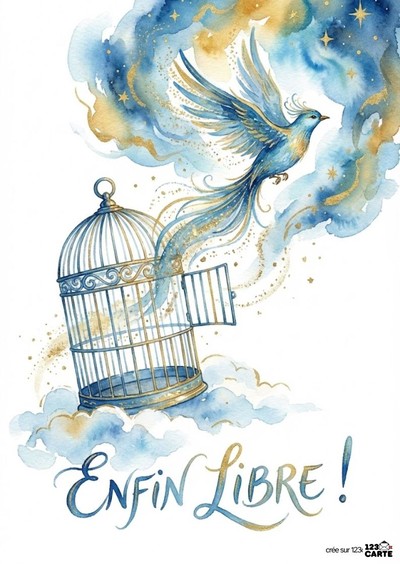 Aquarelle d'un oiseau bleu s'échappant d'une cage ouverte, entouré de nuages bleus et dorés. Texte manuscrit « Enfin Libre ! » en bleu. Style artistique doux.