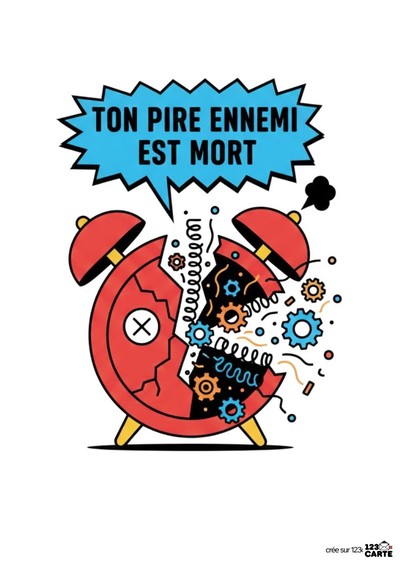 Image d'une horloge rouge cassée avec des engrenages. Une bulle bleue contient le texte « TON PIRE ENNEMI EST MORT ». Style graphique plat, traits noirs. Fond blanc.