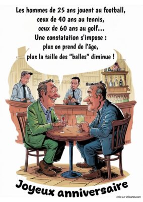 Deux hommes assis à une table de café discutent et rient, avec des textes humoristiques sur l'âge et les sports.