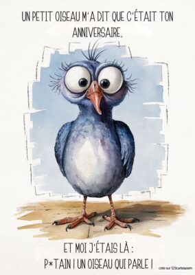 Image d'un oiseau cartoon aux grands yeux, avec un message humoristique sur un anniversaire. L'oiseau semble surpris et joyeux.