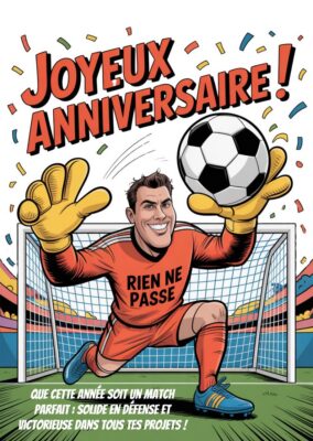 Illustration d'un gardien de but en costume et des gants surdimensionnés, avec un message Joyeux Anniversaire! drôle et un ballon de football.