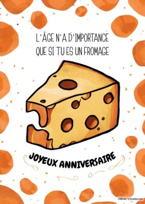 Image d'une carte d'anniversaire avec un fromage, accompagnée du texte humoristique : L'âge n'a d'importance que si tu es un fromage.