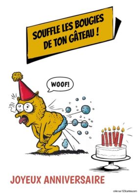 Image humoristique d'un pertsonnage cartoon portant un chapeau de fête, en train de pêter sur un gâteau d'anniversaire avec des bougies.