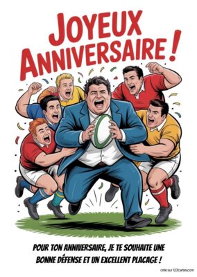 Image humoristique d'un homme en costume tenant un ballon de rugby, entouré de joueurs enthousiastes. Texte : Joyeux Anniversaire !