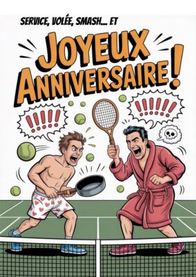 Deux personnages s'affrontent sur un court de tennis, l'un en maillot de bain et l'autre en robe de chambre, avec un Joyeux Anniversaire ! en arrière-plan.