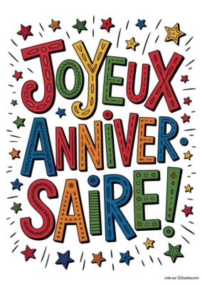 Inscription colorée 'Joyeux Anniversaire' entourée d'étoiles multicolores sur fond blanc.