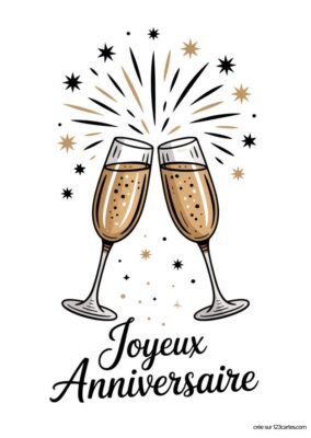 Deux flûtes de champagne s'entrechoquent, avec des étoiles dorées en arrière-plan et le texte Joyeux Anniversaire en dessous.