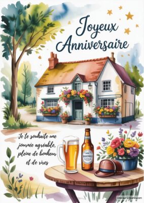 Illustration colorée d'une maison avec des fleurs, une bière et un chapeau. Texte : Joyeux Anniversaire et vœux de bonheur.