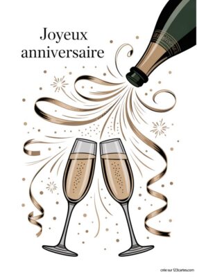 Image d'une carte d'anniversaire avec une bouteille de champagne, des flûtes et des confettis. Texte Joyeux anniversaire.