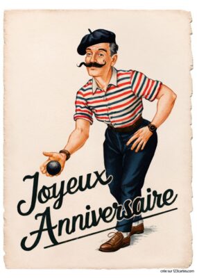 Illustration vintage d'un homme portant un béret et une chemise rayée, lançant une boule avec Joyeux Anniversaire en dessous.