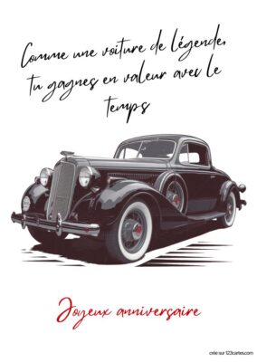 Image d'une voiture ancienne noire avec un texte évoquant le temps qui passe et un message d'anniversaire en bas.
